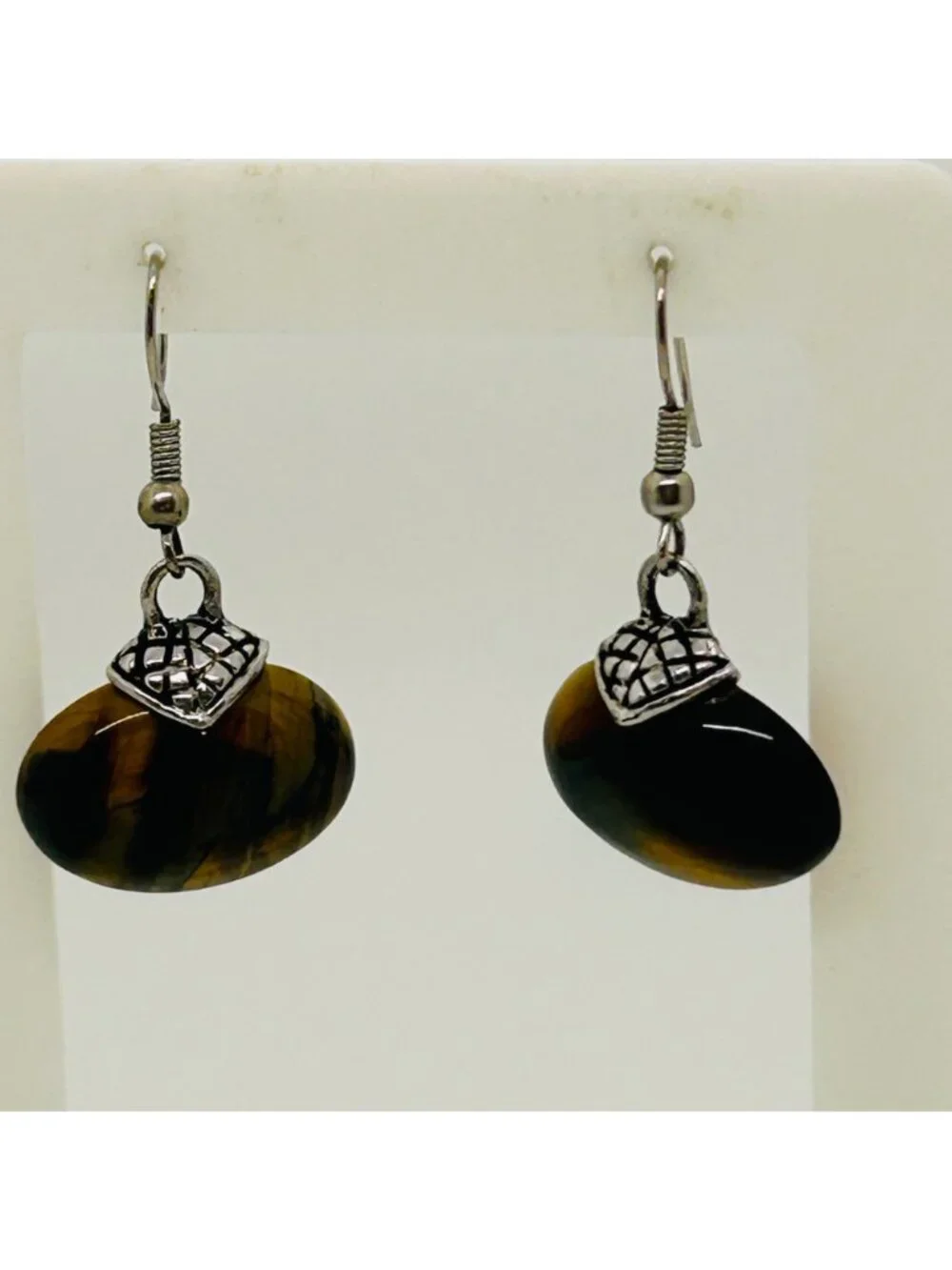 Tiger's Eye Dangle Drop Earrings Oval Gemstone Silver Tone Accents Modernist